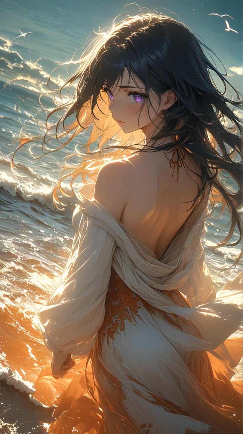 (best quality,4k,8k,highres,masterpiece:1.2), ultra-detailed, realistic:1.37, vivid colors, HDR, beach, crying gal, hugging her knees, shedding big tears, long wavy hair, sad expression, soft sand, crashing waves, warm sunlight, ocean breeze, seagulls playing, beautiful sunset reflection on water
