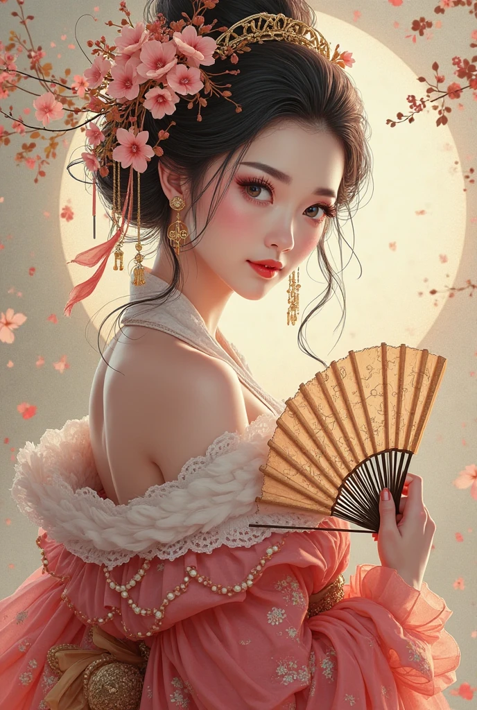 Hand held fan、Araf Woman Wearing a Wreath, Beautiful digital illustration, Fine art illustration, Stunning digital illustrations, Beautiful Digital Artwork, Inspired by Yoon Doo-ri, Digital illustration style, chinese empress, geisha portraits, beautiful fantasy empress, Beautiful digital illustration, Portrait of a beautiful geisha, geisha portraits