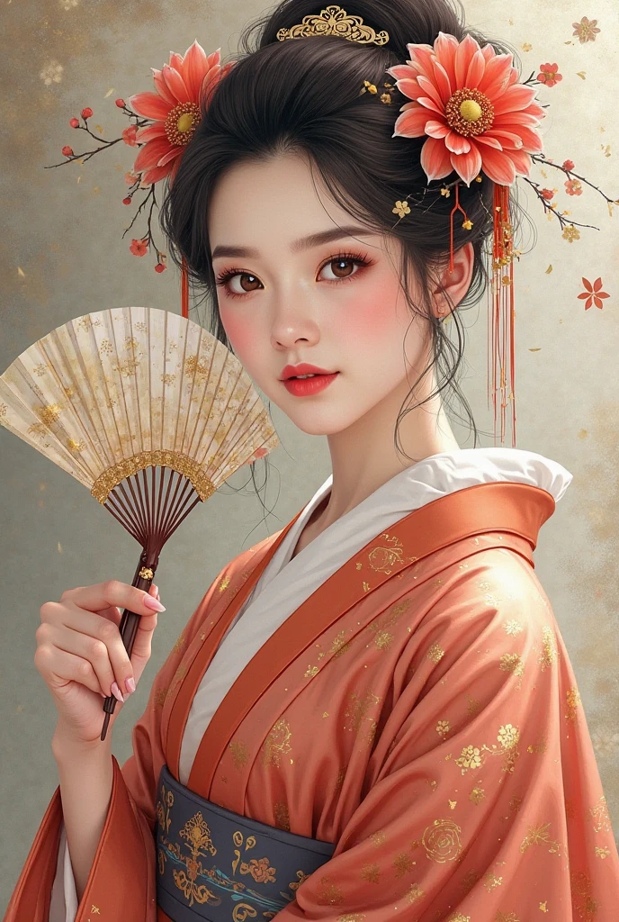 Hand held fan、Araf Woman Wearing a Wreath, Beautiful digital illustration, Fine art illustration, Stunning digital illustrations, Beautiful Digital Artwork, Inspired by Yoon Doo-ri, Digital illustration style, chinese empress, geisha portraits, beautiful fantasy empress, Beautiful digital illustration, Portrait of a beautiful geisha, geisha portraits