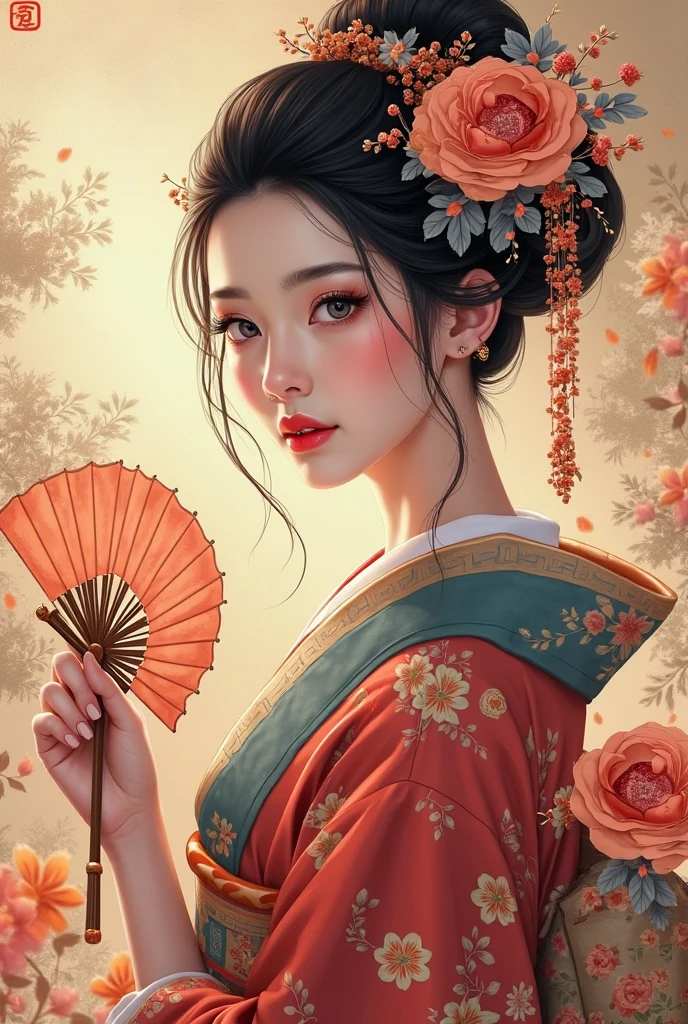 Hand held fan、Araf Woman Wearing a Wreath, Beautiful digital illustration, Fine art illustration, Stunning digital illustrations, Beautiful Digital Artwork, Inspired by Yoon Doo-ri, Digital illustration style, chinese empress, geisha portraits, beautiful fantasy empress, Beautiful digital illustration, Portrait of a beautiful geisha, geisha portraits