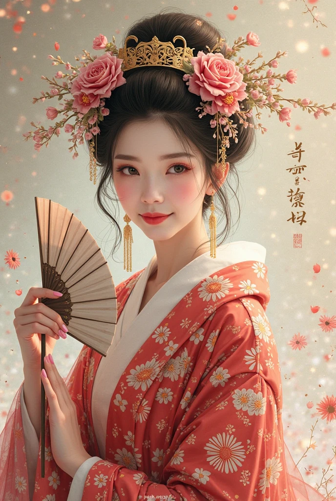 Hand held fan、Araf Woman Wearing a Wreath, Beautiful digital illustration, Fine art illustration, Stunning digital illustrations, Beautiful Digital Artwork, Inspired by Yoon Doo-ri, Digital illustration style, chinese empress, geisha portraits, beautiful fantasy empress, Beautiful digital illustration, Portrait of a beautiful geisha, geisha portraits