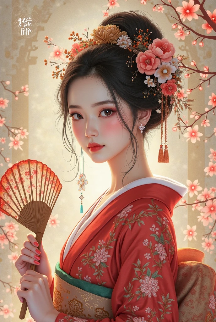 Hand held fan、Araf Woman Wearing a Wreath, Beautiful digital illustration, Fine art illustration, Stunning digital illustrations, Beautiful Digital Artwork, Inspired by Yoon Doo-ri, Digital illustration style, chinese empress, geisha portraits, beautiful fantasy empress, Beautiful digital illustration, Portrait of a beautiful geisha, geisha portraits
