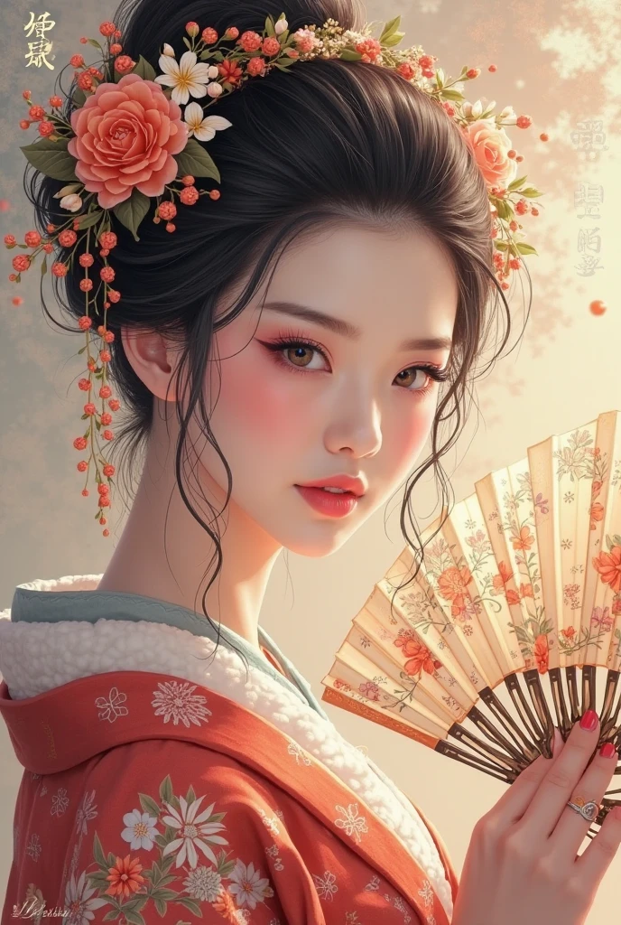 Hand held fan、Araf Woman Wearing a Wreath, Beautiful digital illustration, Fine art illustration, Stunning digital illustrations, Beautiful Digital Artwork, Inspired by Yoon Doo-ri, Digital illustration style, chinese empress, geisha portraits, beautiful fantasy empress, Beautiful digital illustration, Portrait of a beautiful geisha, geisha portraits
