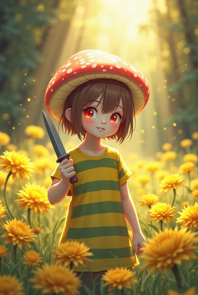 Red Eyes, girl, holding a knife, Yellow-green striped shirt,The stripes are thicker, Red Eyes闪着红光, head tilted, Short brown hair mushroom head, with a bright smile on its face, Algae , 2-dimensional, standing in a golden flower ,There is a beam of light overhead