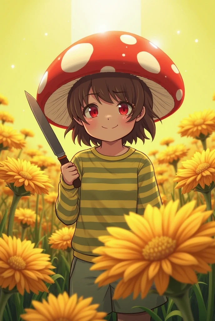 Red Eyes, girl, holding a knife, Yellow-green striped shirt,The stripes are thicker, Red Eyes闪着红光, head tilted, Short brown hair mushroom head, with a bright smile on its face, Algae , 2-dimensional, standing in a golden flower ,There is a beam of light overhead