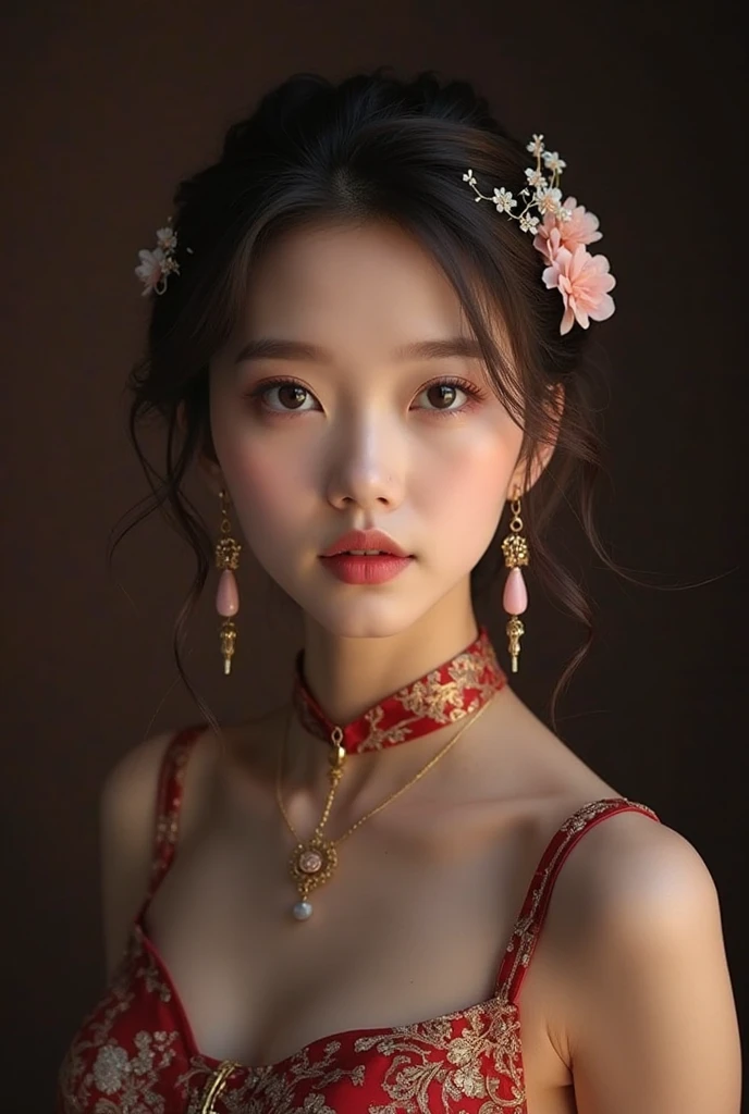 best quality, masterpiece, high resolution, 1girl,on cheongsam,hair adornments, choker necklace, jewelry , pretty face,above_body, Tyndall Effect,フォトリアリスティック, dark studio, edge lighting , two-tone lighting ,( high-detail skin:1.2), 8 thousand uhd, DSLR, soft lighting, high quality, volumetric lighting, Frankness, photos, high resolution, 4K, 8 thousand, Bokeh,