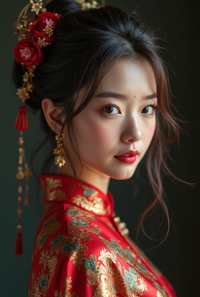 best quality, masterpiece, high resolution, 1girl,on cheongsam,hair adornments, choker necklace, jewelry , pretty face,above_body, Tyndall Effect,フォトリアリスティック, dark studio, edge lighting , two-tone lighting ,( high-detail skin:1.2), 8 thousand uhd, DSLR, soft lighting, high quality, volumetric lighting, Frankness, photos, high resolution, 4K, 8 thousand, Bokeh,
