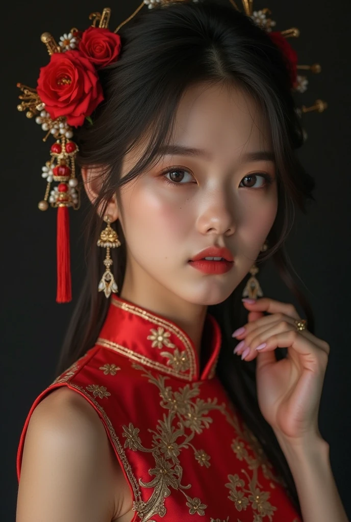 best quality, masterpiece, high resolution, 1girl,on cheongsam,hair adornments, choker necklace, jewelry , pretty face,above_body, Tyndall Effect,フォトリアリスティック, dark studio, edge lighting , two-tone lighting ,( high-detail skin:1.2), 8 thousand uhd, DSLR, soft lighting, high quality, volumetric lighting, Frankness, photos, high resolution, 4K, 8 thousand, Bokeh,
