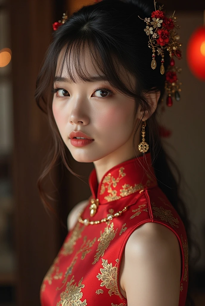 best quality, masterpiece, high resolution, 1girl,on cheongsam,hair adornments, choker necklace, jewelry , pretty face,above_body, Tyndall Effect,フォトリアリスティック, dark studio, edge lighting , two-tone lighting ,( high-detail skin:1.2), 8 thousand uhd, DSLR, soft lighting, high quality, volumetric lighting, Frankness, photos, high resolution, 4K, 8 thousand, Bokeh,