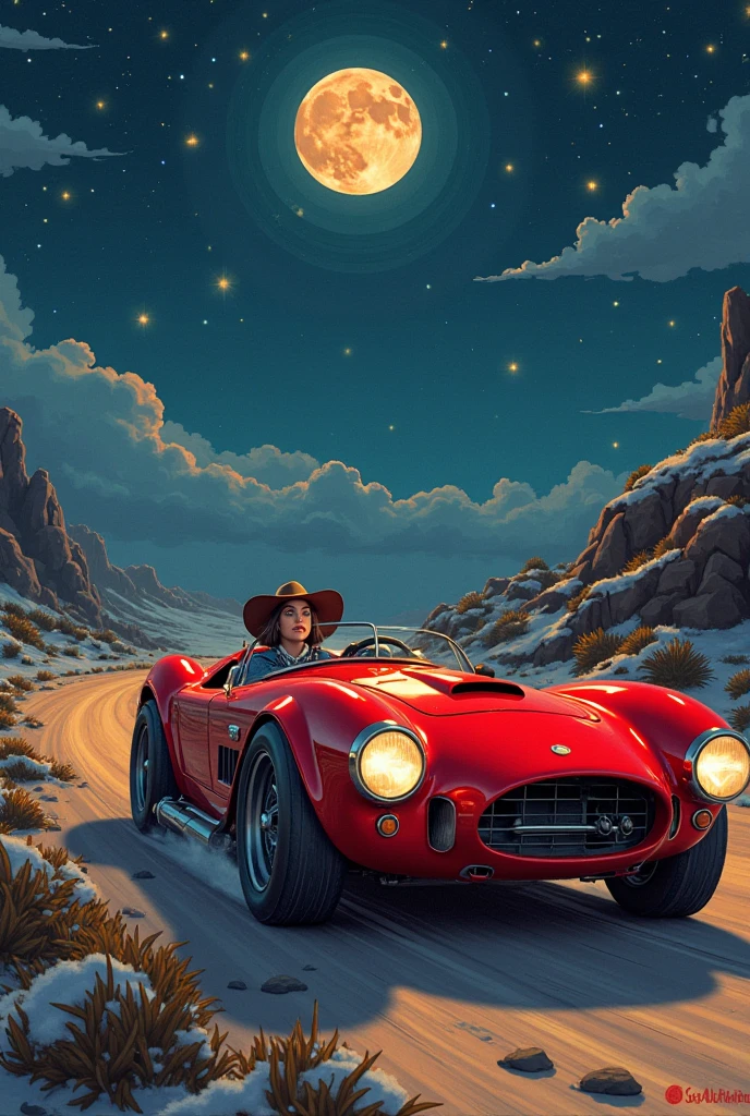 (masterpiece), (best quality), (best detail), (Vision Overview ), (Postage stamps),( Illustration Main Color : bright saturated red), (Secondary color: lapis lazuli), An arrogant woman drives a red coffee racing car, very detailed chassis, Future Western Scenery , Night (Many stars, themoon), shadowing (detailed, Strong contrast), Very Saturated Pulp Color