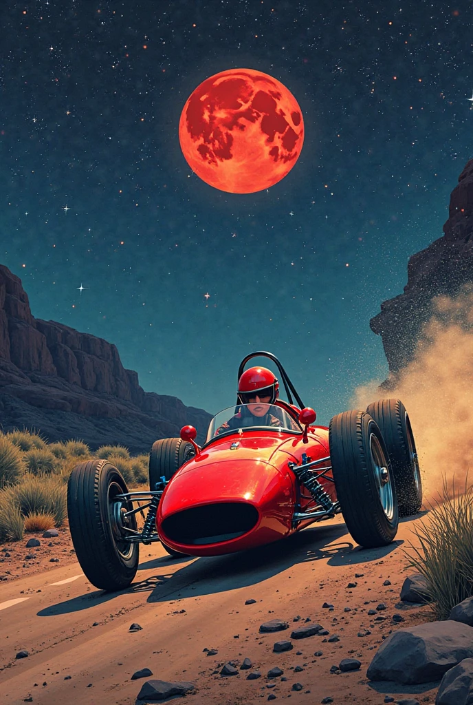 (masterpiece), (best quality), (best detail), (Vision Overview ), (Postage stamps),( Illustration Main Color : bright saturated red), (Secondary color: lapis lazuli), An arrogant woman drives a red coffee racing car, very detailed chassis, Future Western Scenery , Night (Many stars, themoon), shadowing (detailed, Strong contrast), Very Saturated Pulp Color