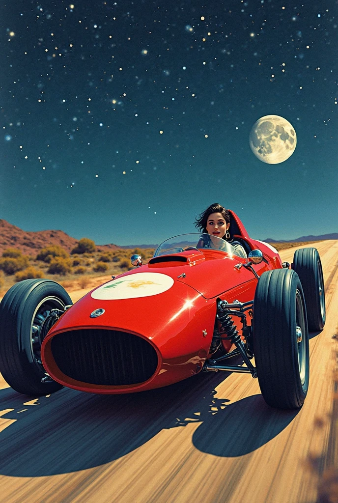 (masterpiece), (best quality), (best detail), (Vision Overview ), (Postage stamps),( Illustration Main Color : bright saturated red), (Secondary color: lapis lazuli), An arrogant woman drives a red coffee racing car, very detailed chassis, Future Western Scenery , Night (Many stars, themoon), shadowing (detailed, Strong contrast), Very Saturated Pulp Color