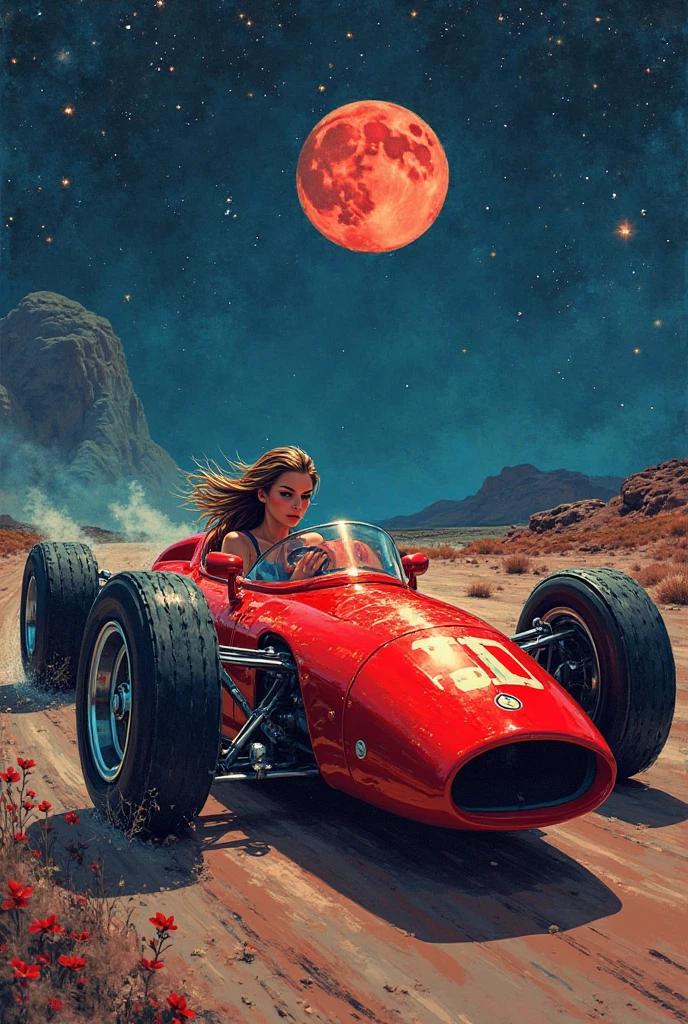 (masterpiece), (best quality), (best detail), (Vision Overview ), (Postage stamps),( Illustration Main Color : bright saturated red), (Secondary color: lapis lazuli), An arrogant woman drives a red coffee racing car, very detailed chassis, Future Western Scenery , Night (Many stars, themoon), shadowing (detailed, Strong contrast), Very Saturated Pulp Color
