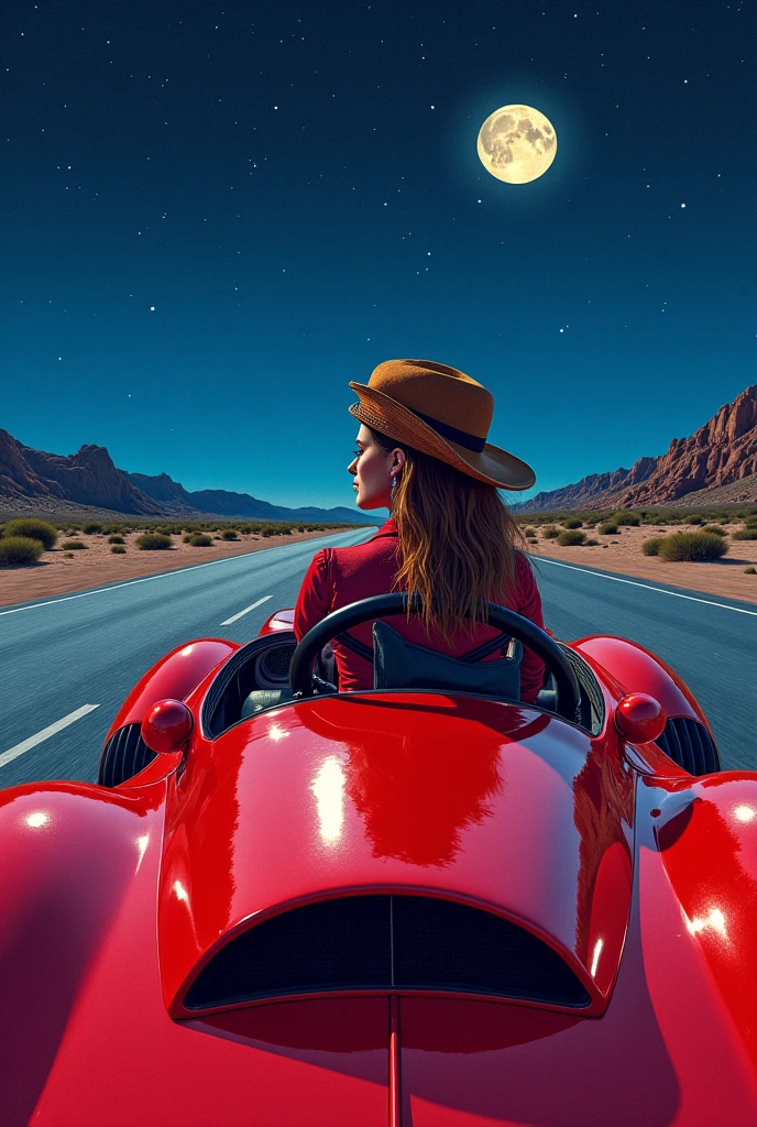 (masterpiece), (best quality), (best detail), (Vision Overview ), (Postage stamps),( Illustration Main Color : bright saturated red), (Secondary color: lapis lazuli), An arrogant woman drives a red coffee racing car, very detailed chassis, Future Western Scenery , Night (Many stars, themoon), shadowing (detailed, Strong contrast), Very Saturated Pulp Color