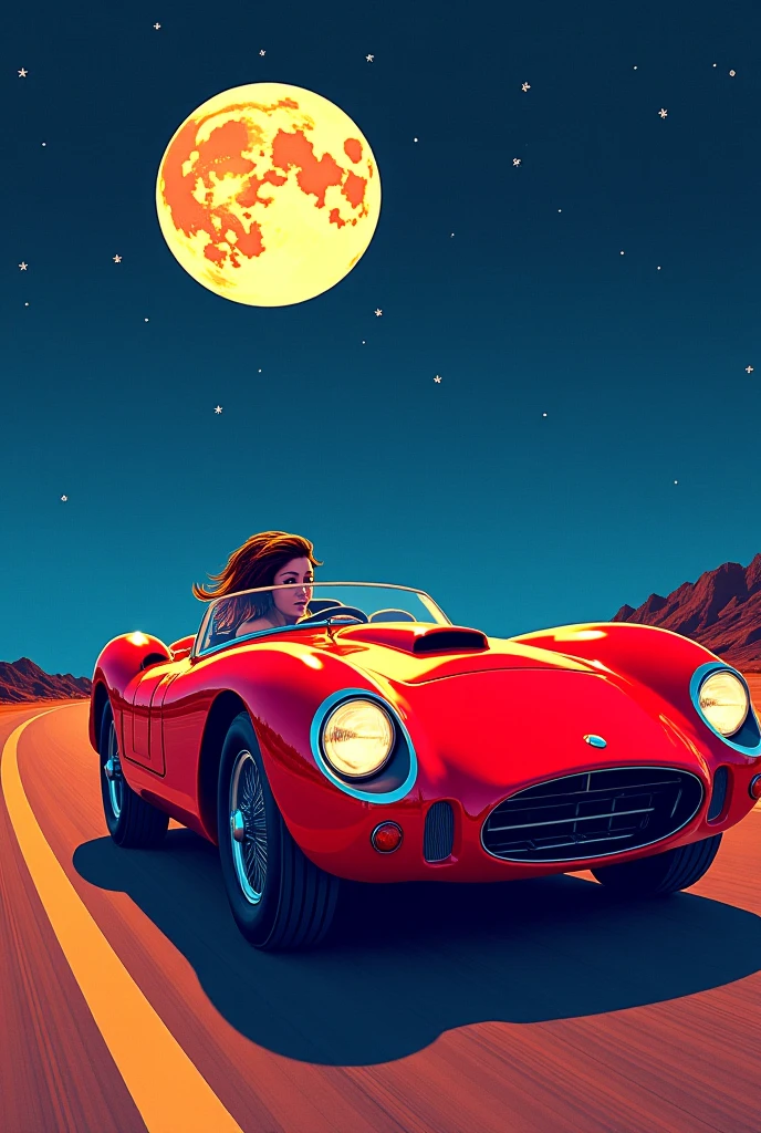 (masterpiece), (best quality), (best detail), (Vision Overview ), (Postage stamps),( Illustration Main Color : bright saturated red), (Secondary color: lapis lazuli), An arrogant woman drives a red coffee racing car, very detailed chassis, Future Western Scenery , Night (Many stars, themoon), shadowing (detailed, Strong contrast), Very Saturated Pulp Color