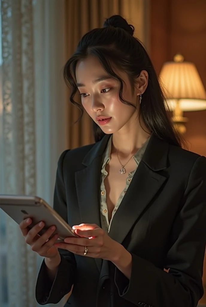 A lady in a suit uses a tablet in her room, Serving, Seon Yun-joo, still from live action , Park Shin-hye plays a supervillain, full device, using a magical tablet,  iu lee ji-eun plays a supervillain , Side posture, [ Photorealistic photos ]!!, shin min jeong, Serious Things, Lazy, elegant appearance