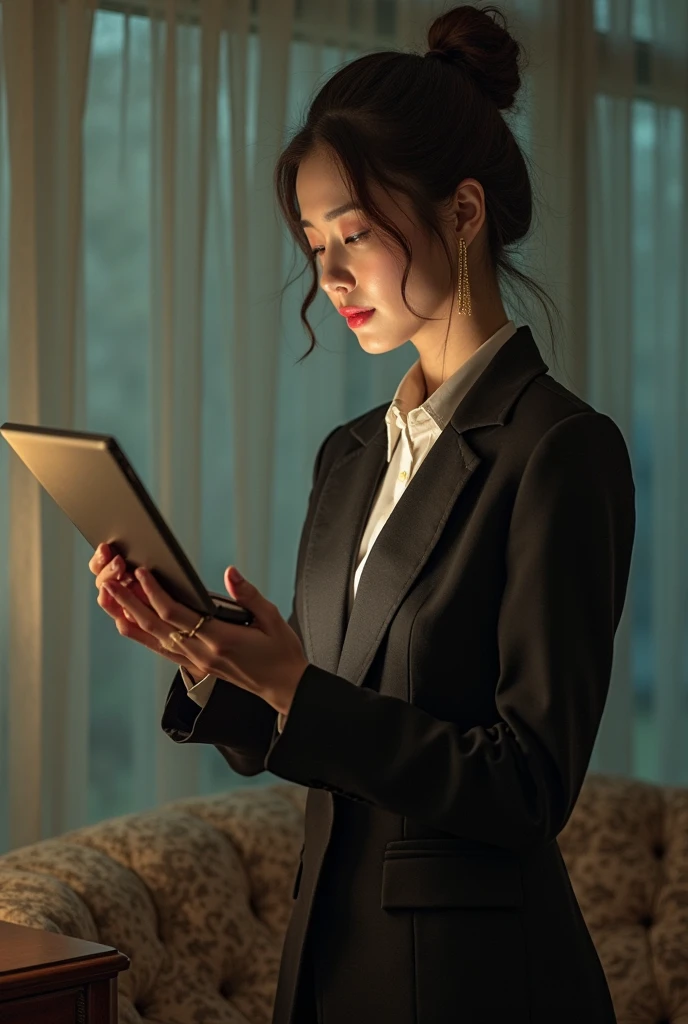 A lady in a suit uses a tablet in her room, Serving, Seon Yun-joo, still from live action , Park Shin-hye plays a supervillain, full device, using a magical tablet,  iu lee ji-eun plays a supervillain , Side posture, [ Photorealistic photos ]!!, shin min jeong, Serious Things, Lazy, elegant appearance