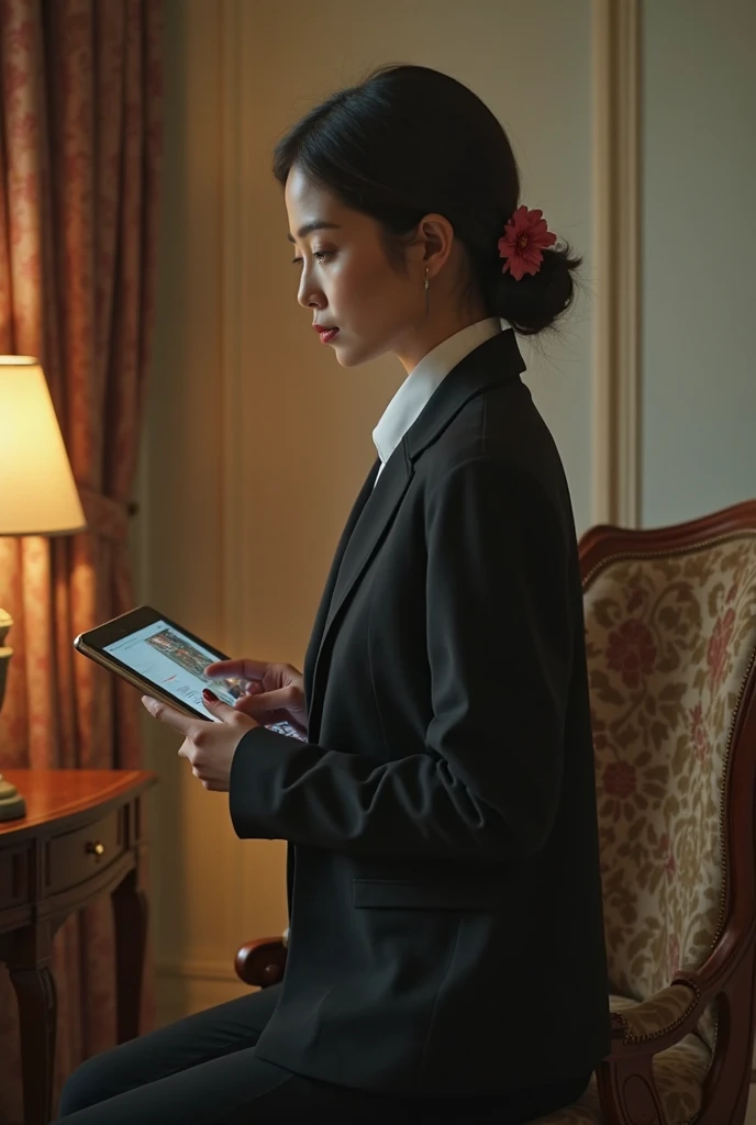 A lady in a suit uses a tablet in her room, Serving, Seon Yun-joo, still from live action movie, Park Shin-hye plays a supervillain, full device, using a magical tablet,  iu lee ji-eun plays a supervillain , Side posture, [ Photorealistic photos ]!!, shin min jeong, Serious Things, Lazy, elegant appearance