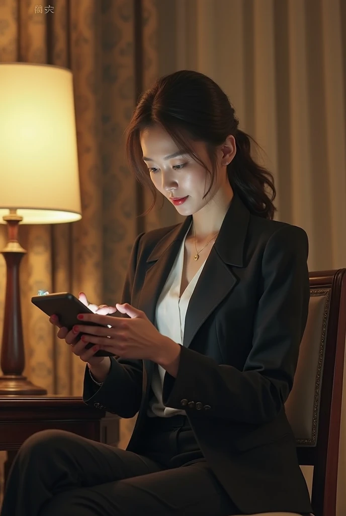 A lady in a suit uses a tablet in her room, Serving, Seon Yun-joo, still from live action , Park Shin-hye plays a supervillain, full device, using a magical tablet,  iu lee ji-eun plays a supervillain , Side posture, [ Photorealistic photos ]!!, shin min jeong, Serious Things, Lazy, elegant appearance