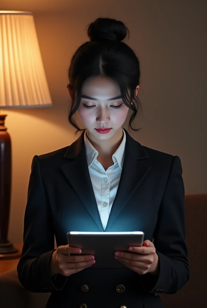 A lady in a suit uses a tablet in her room, Serving, Seon Yun-joo, still from live action , Park Shin-hye plays a supervillain, full device, using a magical tablet,  iu lee ji-eun plays a supervillain , Side posture, [ Photorealistic photos ]!!, shin min jeong, Serious Things, Lazy, elegant appearance
