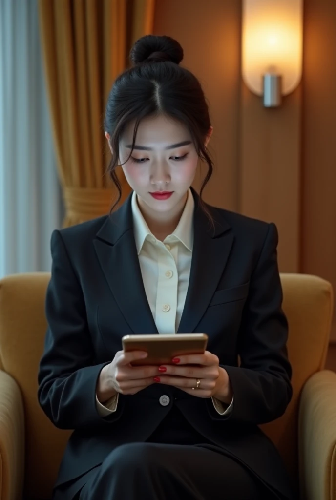 A lady in a suit uses a tablet in her room, Serving, Seon Yun-joo, still from live action , Park Shin-hye plays a supervillain, full device, using a magical tablet,  iu lee ji-eun plays a supervillain , Side posture, [ Photorealistic photos ]!!, shin min jeong, Serious Things, Lazy, elegant appearance