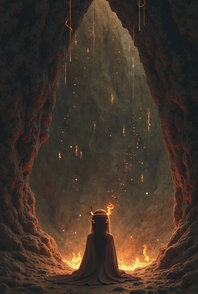 (, masterpiece), (1 girl , solitude,Brown robe, expression face, Look elsewhere , Seats, Wide sleeves, 黑The eye, shut up, ribbon-like flames on the head , long hair, cow boy shot), (Mono Color, the night sky at the entrance to the cave , The light rises from the bottom , In the cave , floating white particles, Flames burning at hand , Many small flames are suspended ),