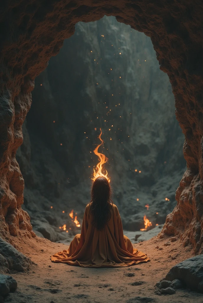 (, masterpiece), (1 girl , solitude,Brown robe, expression face, Look elsewhere , Seats, Wide sleeves, 黑The eye, shut up, ribbon-like flames on the head , long hair, cow boy shot), (Mono Color, the night sky at the entrance to the cave , The light rises from the bottom , In the cave , floating white particles, Flames burning at hand , Many small flames are suspended ),