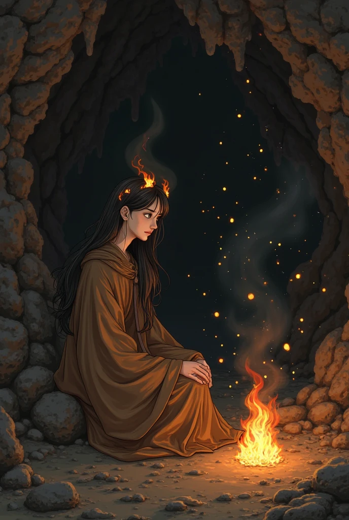 (, masterpiece), (1 girl , solitude,Brown robe, expression face, Look elsewhere , Seats, Wide sleeves, 黑The eye, shut up, ribbon-like flames on the head , long hair, cow boy shot), (Mono Color, the night sky at the entrance to the cave , The light rises from the bottom , In the cave , floating white particles, Flames burning at hand , Many small flames are suspended ),