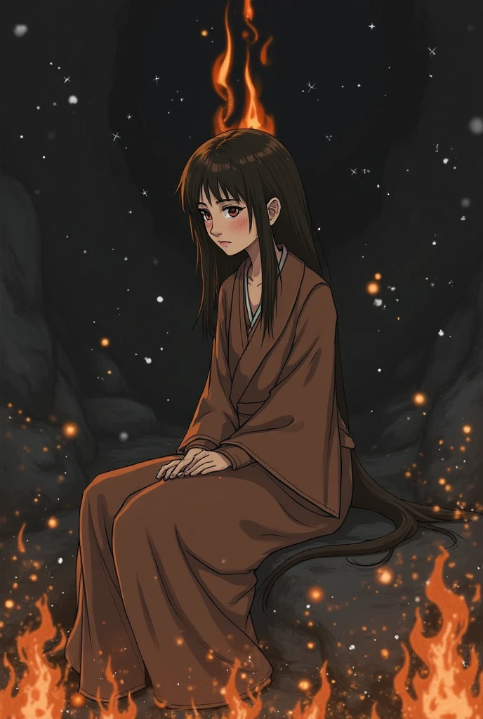 (, masterpiece), (1 girl , solitude,Brown robe, expression face, Look elsewhere , Seats, Wide sleeves, 黑The eye, shut up, ribbon-like flames on the head , long hair, cow boy shot), (Mono Color, the night sky at the entrance to the cave , The light rises from the bottom , In the cave , floating white particles, Flames burning at hand , Many small flames are suspended ),