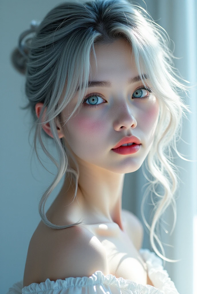 , masterpiece, Ultra High Resolution, (Realistis: 1.4), RAW photos , 1 girl , Off-the-shoulder, optic,Heterochromia, gray hair, gray hair