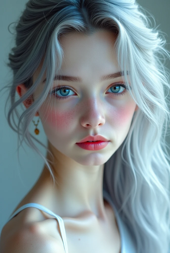 , masterpiece, Ultra High Resolution, (Realistis: 1.4), RAW photos , 1 girl , Off-the-shoulder, optic,Heterochromia, gray hair, gray hair