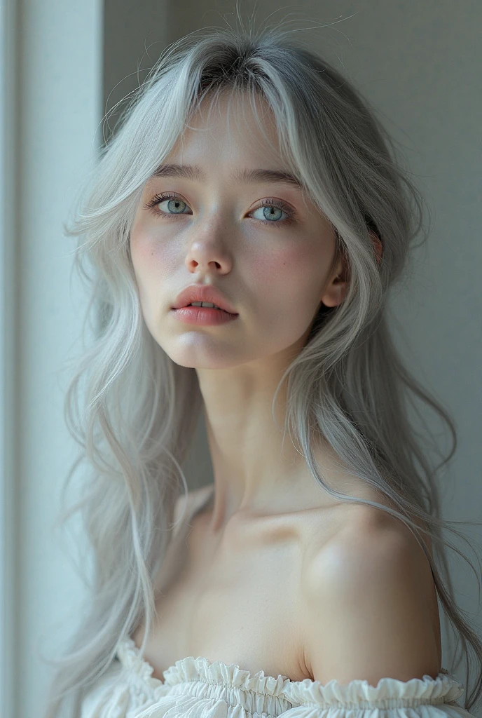 , masterpiece, Ultra High Resolution, (Realistis: 1.4), RAW photos , 1 girl , Off-the-shoulder, optic,Heterochromia, gray hair, gray hair