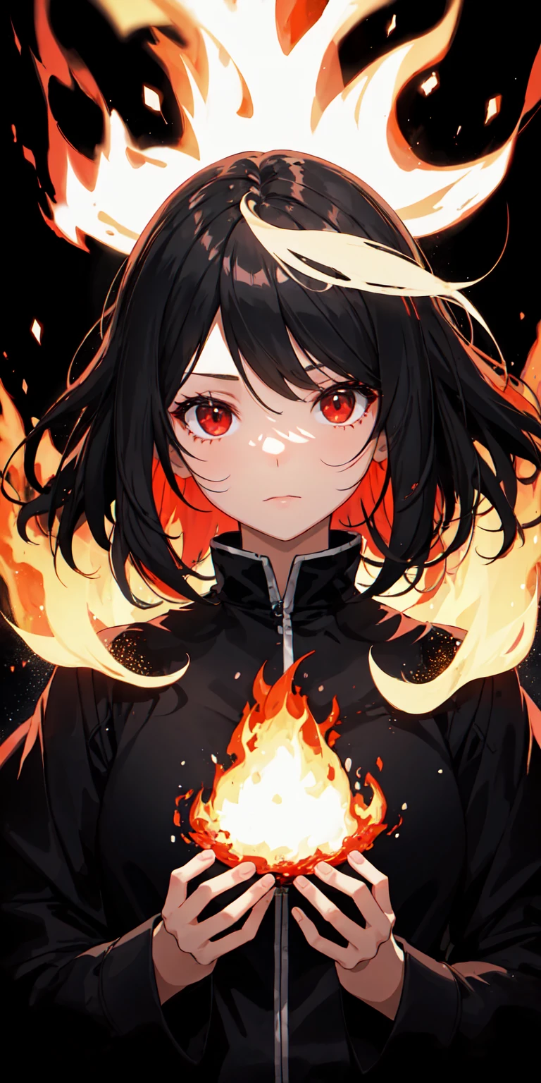 1girl, black hair, red eyes, fire witch, blood, light particles, light rays, wallpaper, high contrast, colorful,