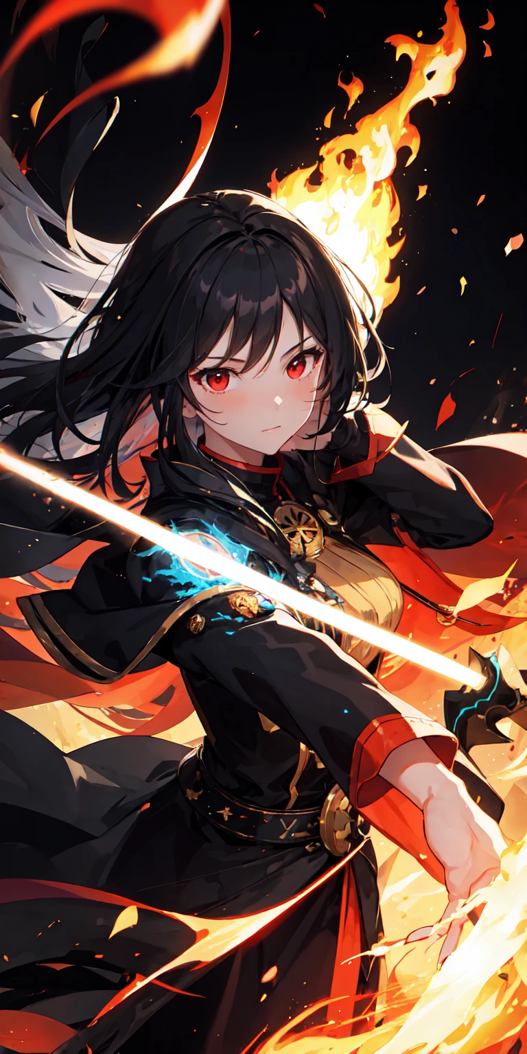 1girl, black hair, red eyes, fire witch, blood, light particles, light rays, wallpaper, high contrast, colorful,