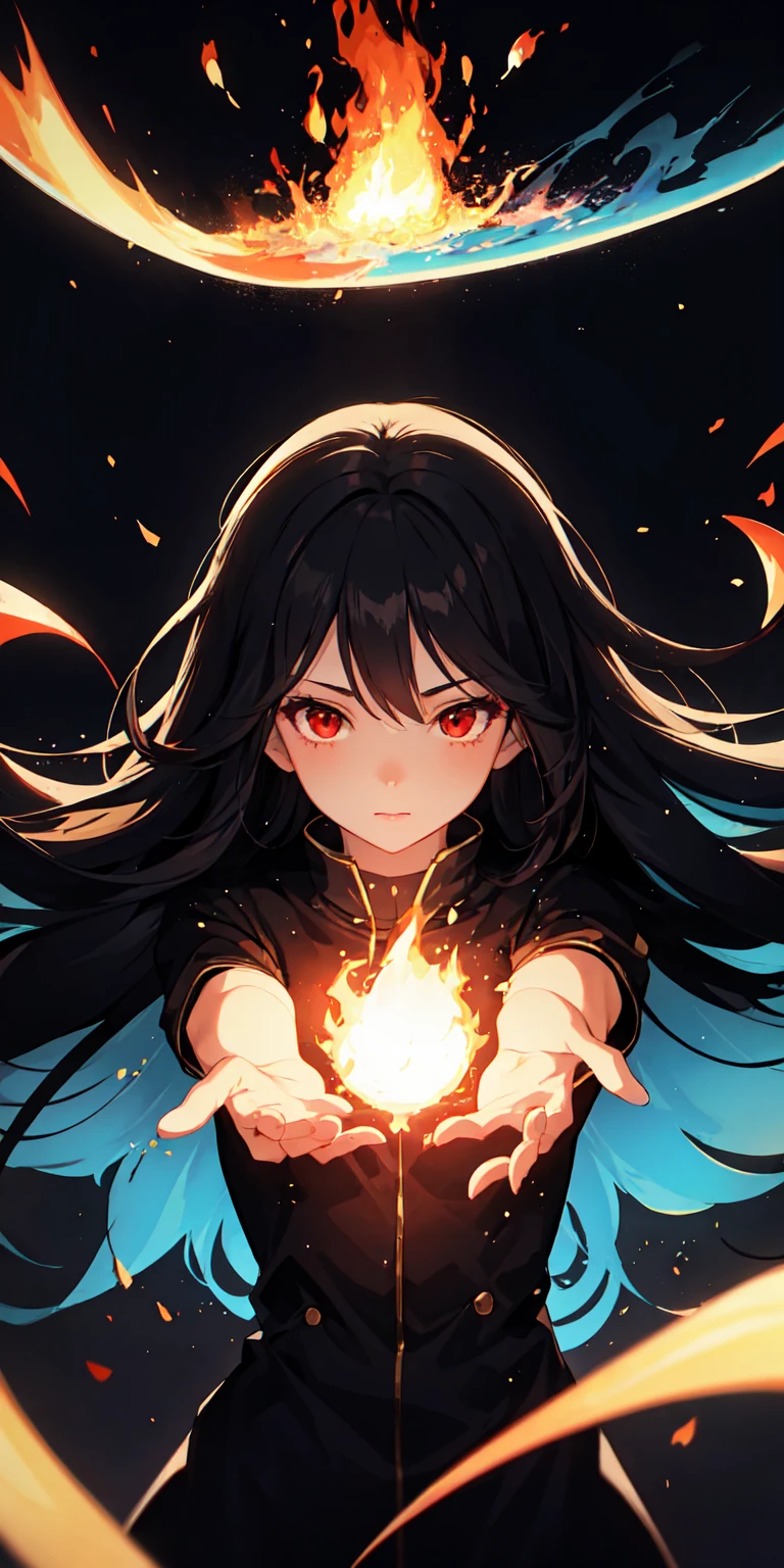 1girl, black hair, red eyes, fire witch, blood, light particles, light rays, wallpaper, high contrast, colorful,
