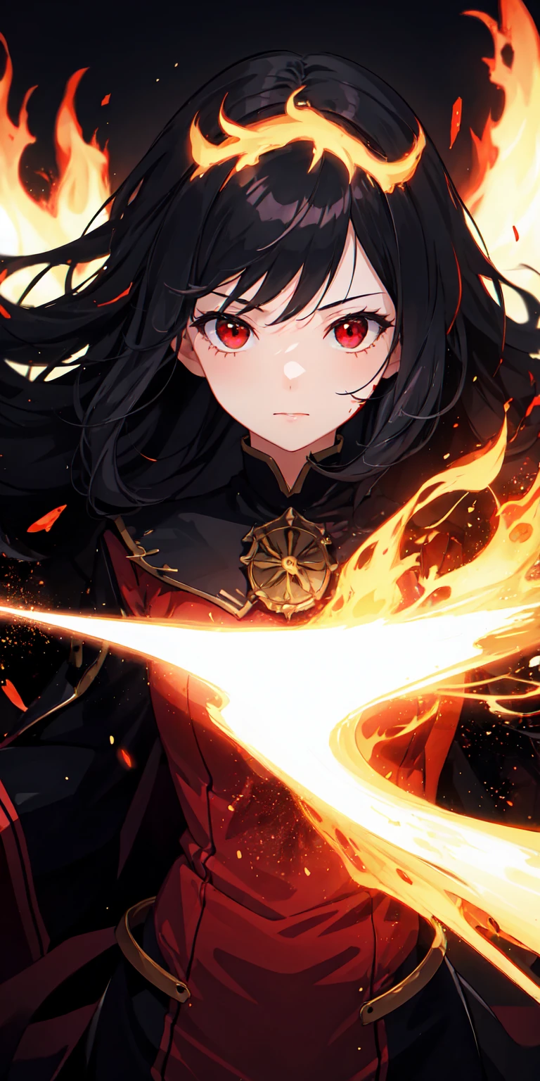 1girl, black hair, red eyes, fire witch, blood, light particles, light rays, wallpaper, high contrast, colorful,