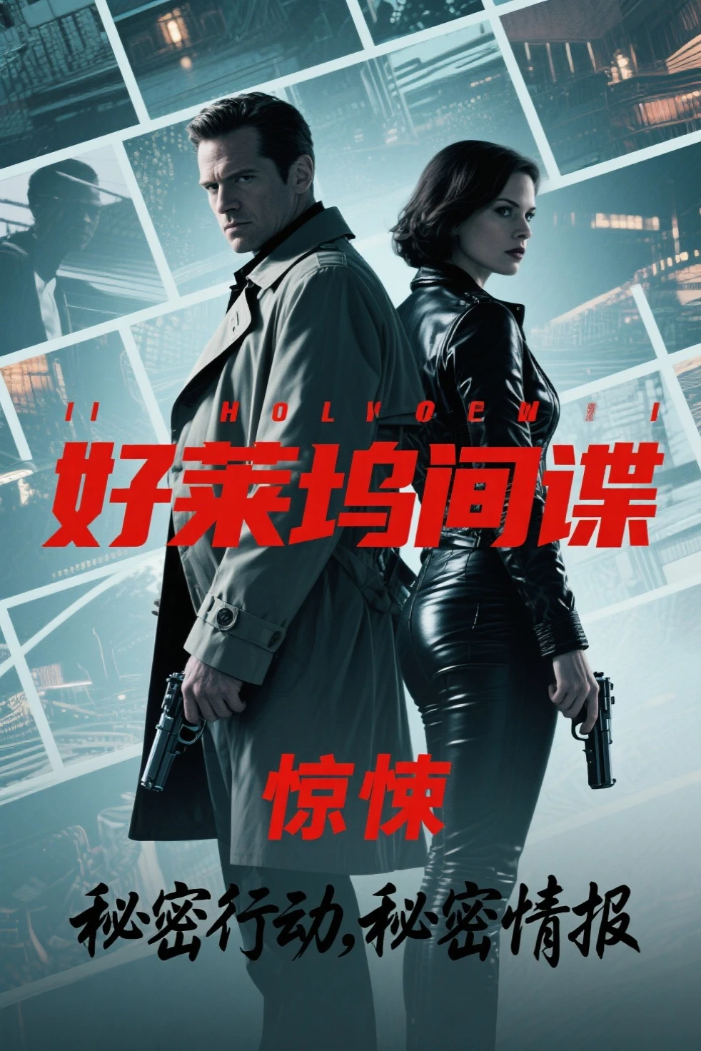Hollywood spy thriller poster:Mysterious man in trench coat and woman in tight jacket standing back to back,Sharp eyes,holding handgun。background uses multi-scene narration and double exposure。in pop art style,Thrilling suspense。deep blues、black、red and tones,for dramatic effect。