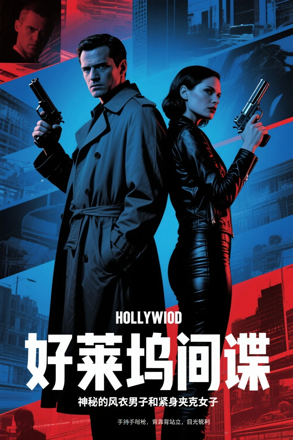 Hollywood spy thriller poster：Mysterious man in trench coat and woman in tight jacket standing back to back，Sharp eyes，holding handgun。background uses multi-scene narration and double exposure。in pop art style，Thrilling suspense。deep blues、black、red and tones，for dramatic effect。