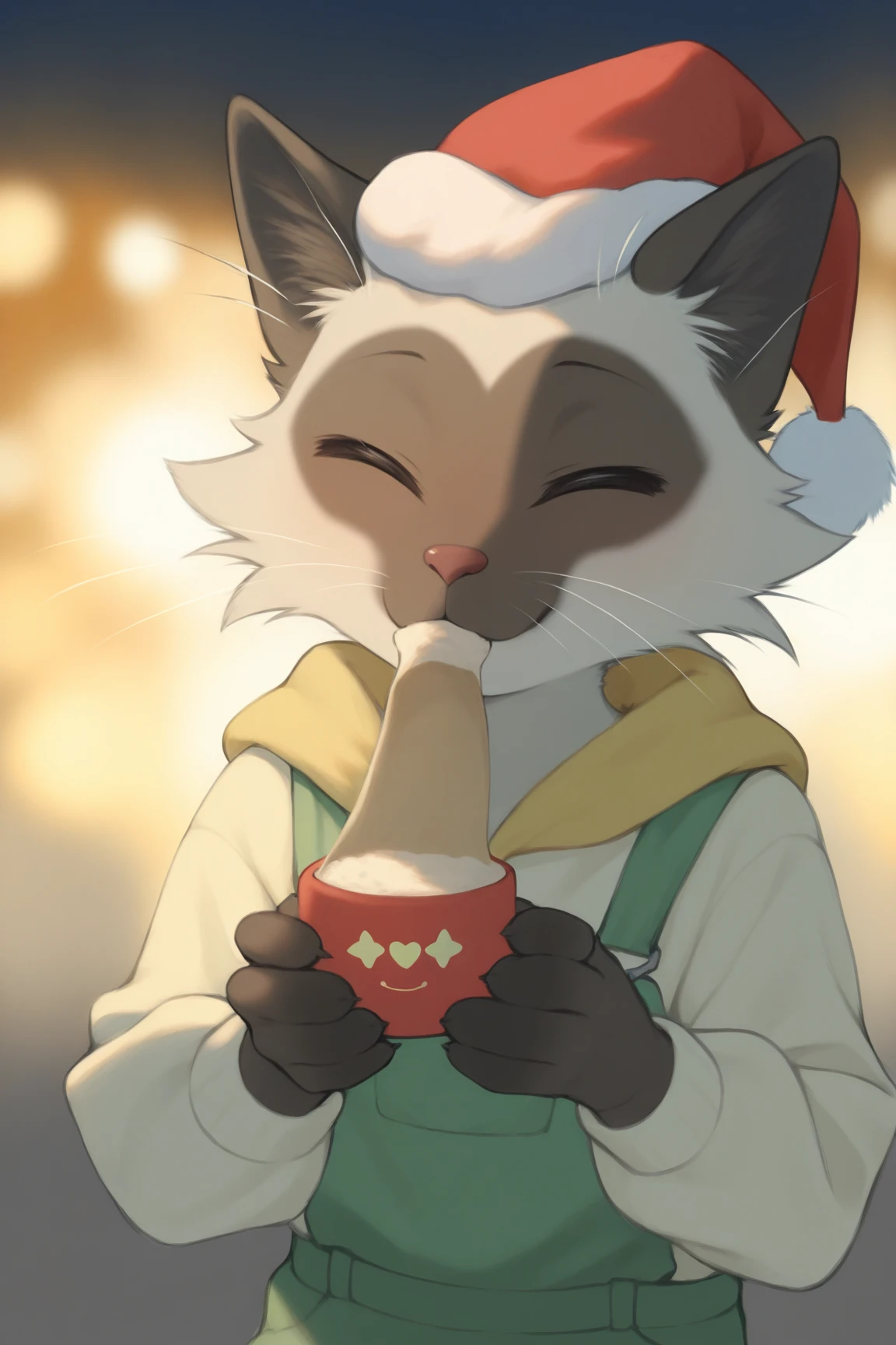 Gently drinking with both hands, A little Siamese kitten，The fur is milky white，with dark spots on the ears, the face, and the claws can sleep peacefully. The kitten's eyes are closed, ，它的小鼻子藏在嘴套周围的柔软毛皮中, exudes a sense of serene satisfaction. {x} The nose is hidden in the soft fur around the muzzle {x} to focus entirely on the adorable {x} perch that creates comfort On its head is a miniature red and white Santa hat, Adding a whimsical touch to the picture, Festive atmosphere. The soft, Warm lighting, also has an intimate vibe. background out of focus, It perfectly captures the essence of a peaceful vacation time, The feline with care. The overall mood is warm and happy, perfectly captures the essence of a peaceful vacation.