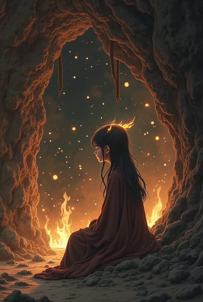 (, masterpiece), (1 girl , solitude,Brown robe, expression face, Look elsewhere , Seats, Wide sleeves, 黑The eye, shut up, ribbon-like flames on the head , long hair, cow boy shot), (Mono Color, the night sky at the entrance to the cave , The light rises from the bottom , In the cave , floating white particles, Flames burning at hand , Many small flames are suspended ),