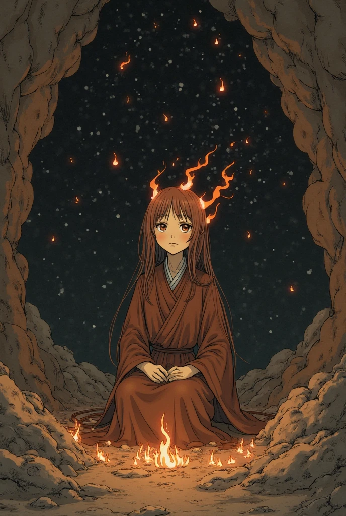 (, masterpiece), (1 girl , solitude,Brown robe, expression face, Look elsewhere , Seats, Wide sleeves, 黑The eye, shut up, ribbon-like flames on the head , long hair, cow boy shot), (Mono Color, the night sky at the entrance to the cave , The light rises from the bottom , In the cave , floating white particles, Flames burning at hand , Many small flames are suspended ),