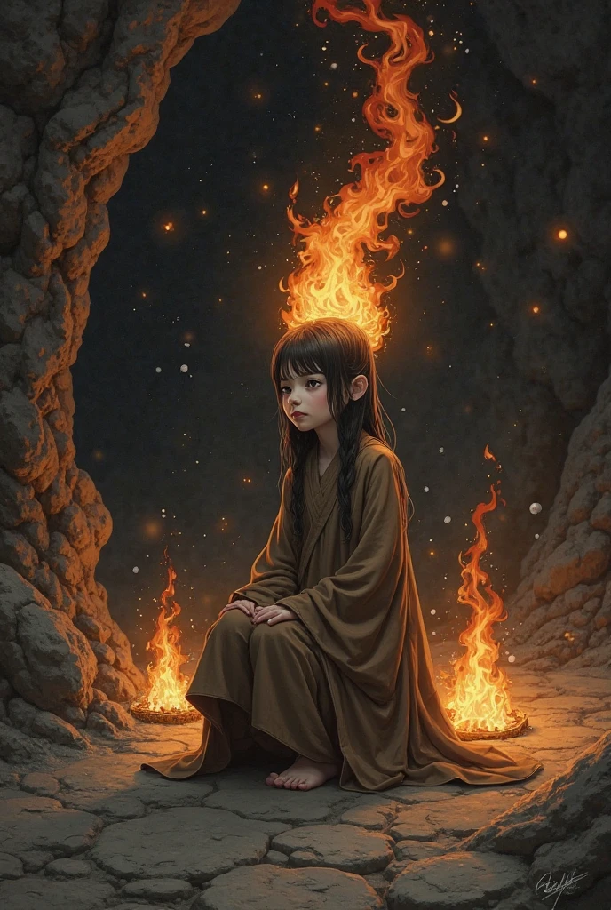 (, masterpiece), (1 girl , solitude,Brown robe, expression face, Look elsewhere , Seats, Wide sleeves, 黑The eye, shut up, ribbon-like flames on the head , long hair, cow boy shot), (Mono Color, the night sky at the entrance to the cave , The light rises from the bottom , In the cave , floating white particles, Flames burning at hand , Many small flames are suspended ),