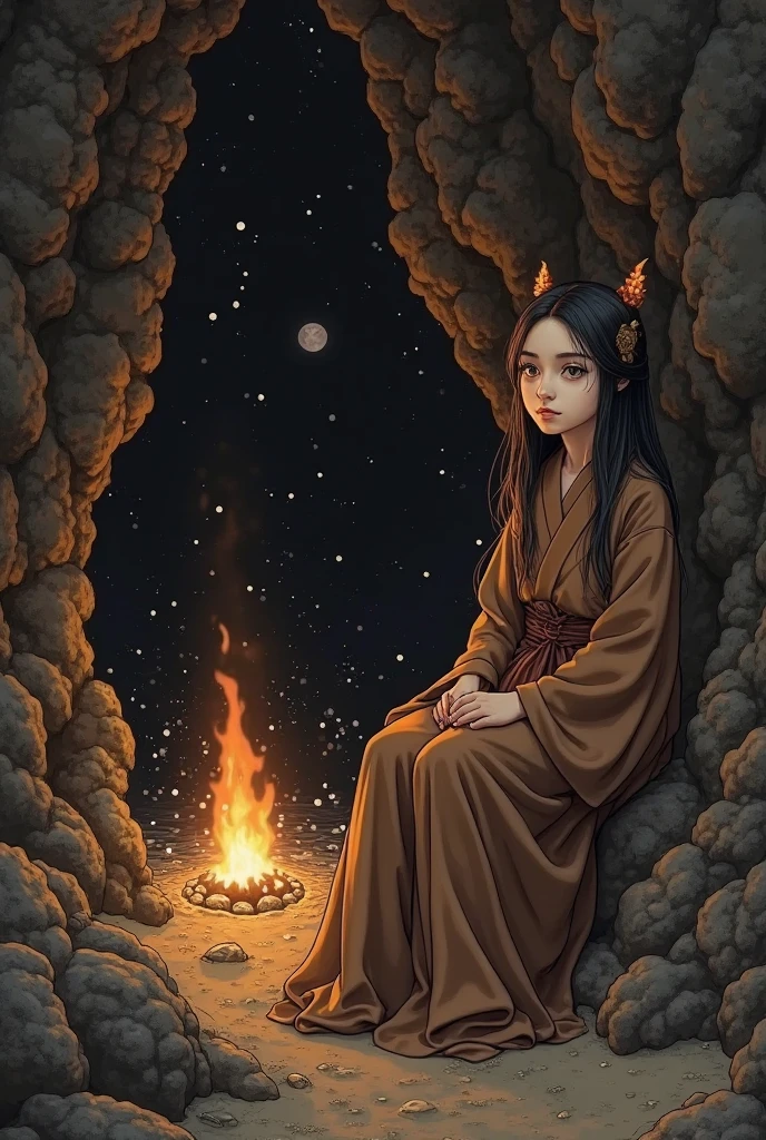 (, masterpiece), (1 girl , solitude,Brown robe, expression face, Look elsewhere , Seats, Wide sleeves, 黑The eye, shut up, ribbon-like flames on the head , long hair, cow boy shot), (Mono Color, the night sky at the entrance to the cave , The light rises from the bottom , In the cave , floating white particles, Flames burning at hand , Many small flames are suspended ),