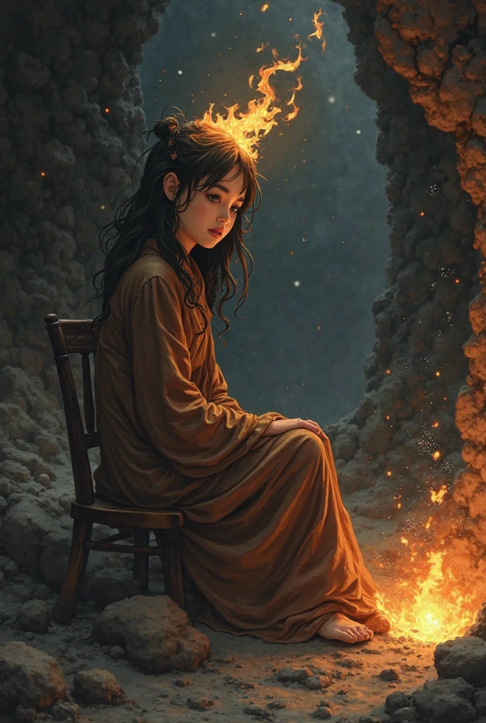 (, masterpiece),  (1 girl , solitude,Brown robe, expression face,  Look elsewhere , Seats, Wide sleeves, 黑The eye, shut up,   ribbon-like flames on the head  ,  long hair, cow boy shot), (Mono Color,   the night sky at the entrance to the cave   ,   The light rises from the bottom  , In the cave ,   floating white particles,  Flames burning at hand  ,   Many small flames are suspended  ),