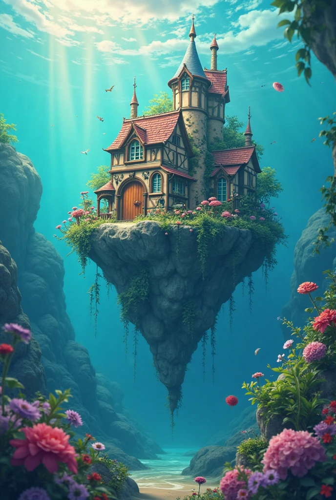 Color (fantasy: 1.2), (Studio Ghibli Style), (Irregular Architecture Floating on the Sea), Patchwork Cottage, Floral Decor, Light, Concept Art Inspired by Andreas Rocha, Artstation Competition Winning Entry, fantasy art, (Underwater City), Ross Chen, Light Beam, Realistic Lighting, masterpiece, high quality, Beautiful Graphics, High Detail, masterpiece, high quality, Beautiful Graphics, High Detail, --v6