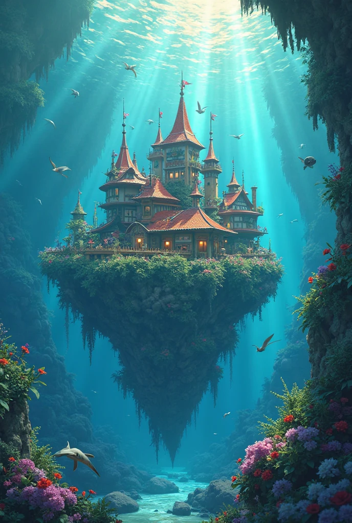 Color (fantasy: 1.2), (Studio Ghibli Style), (Irregular Architecture Floating on the Sea), Patchwork Cottage, Floral Decor, Light, Concept Art Inspired by Andreas Rocha, Artstation Competition Winning Entry, fantasy art, (Underwater City), Ross Chen, Light Beam, Realistic Lighting, masterpiece, high quality, Beautiful Graphics, High Detail, masterpiece, high quality, Beautiful Graphics, High Detail, --v6