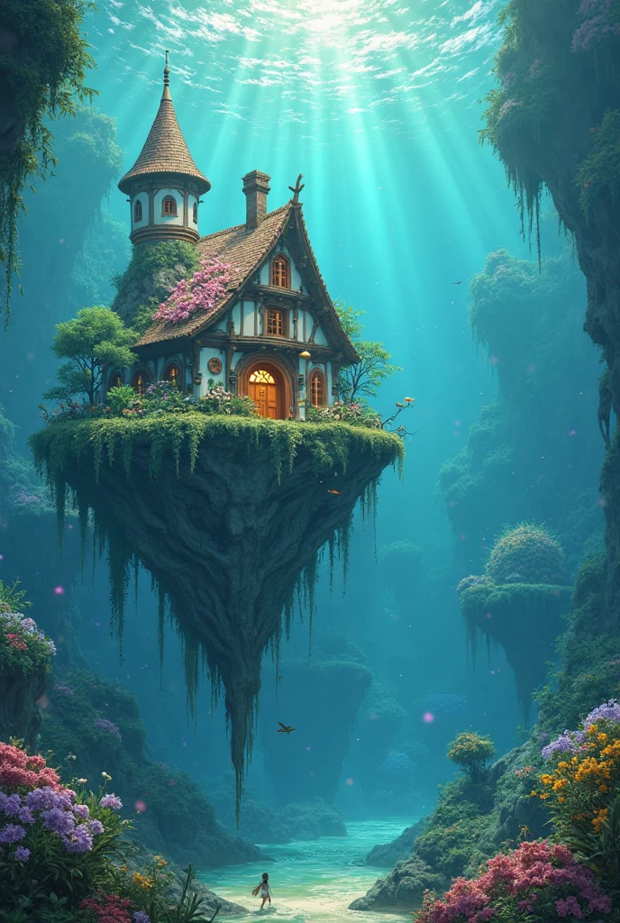 Color (fantasy: 1.2), (Studio Ghibli Style), (Irregular Architecture Floating on the Sea), Patchwork Cottage, Floral Decor, Light, Concept Art Inspired by Andreas Rocha, Artstation Competition Winning Entry, fantasy art, (Underwater City), Ross Chen, Light Beam, Realistic Lighting, masterpiece, high quality, Beautiful Graphics, High Detail, masterpiece, high quality, Beautiful Graphics, High Detail, --v6