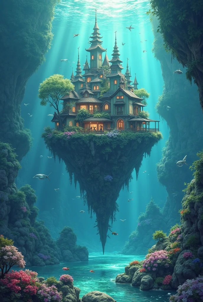 Color (fantasy: 1.2), (Studio Ghibli Style), (Irregular Architecture Floating on the Sea), Patchwork Cottage, Floral Decor, Light, Concept Art Inspired by Andreas Rocha, Artstation Competition Winning Entry, fantasy art, (Underwater City), Ross Chen, Light Beam, Realistic Lighting, masterpiece, high quality, Beautiful Graphics, High Detail, masterpiece, high quality, Beautiful Graphics, High Detail, --v6