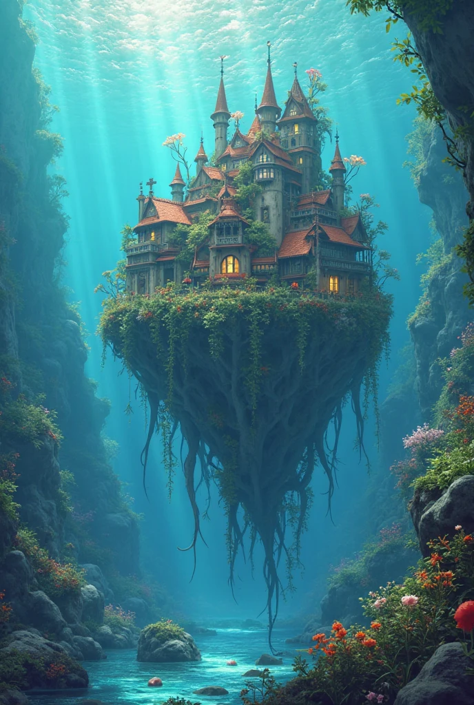 Color (fantasy: 1.2), (Studio Ghibli Style), (Irregular Architecture Floating on the Sea), Patchwork Cottage, Floral Decor, Light, Concept Art Inspired by Andreas Rocha, Artstation Competition Winning Entry, fantasy art, (Underwater City), Ross Chen, Light Beam, Realistic Lighting, masterpiece, high quality, Beautiful Graphics, High Detail, masterpiece, high quality, Beautiful Graphics, High Detail, --v6