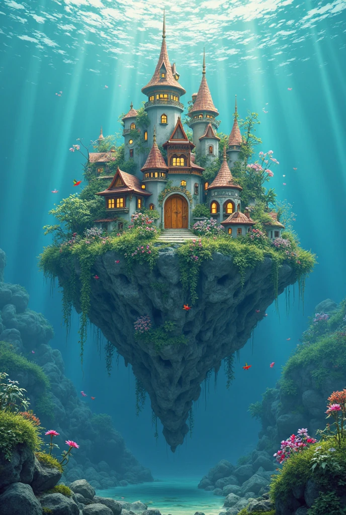 Color (fantasy: 1.2), (Studio Ghibli Style), (Irregular Architecture Floating on the Sea), Patchwork Cottage, Floral Decor, Light, Concept Art Inspired by Andreas Rocha, Artstation Competition Winning Entry, fantasy art, (Underwater City), Ross Chen, Light Beam, Realistic Lighting, masterpiece, high quality, Beautiful Graphics, High Detail, masterpiece, high quality, Beautiful Graphics, High Detail, --v6